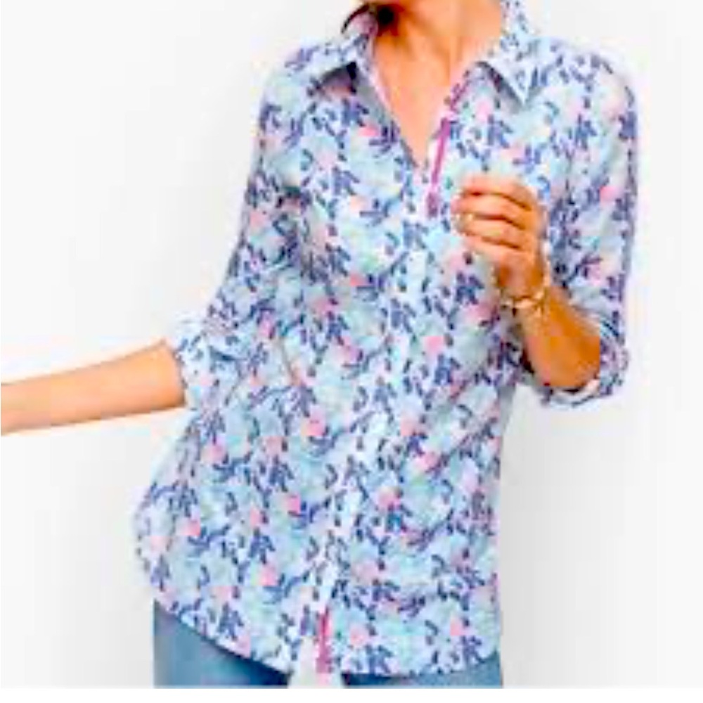 Talbots Blue Floral Fern Long Sleeve Button Up Casual Top Large NWT NEW 🥰